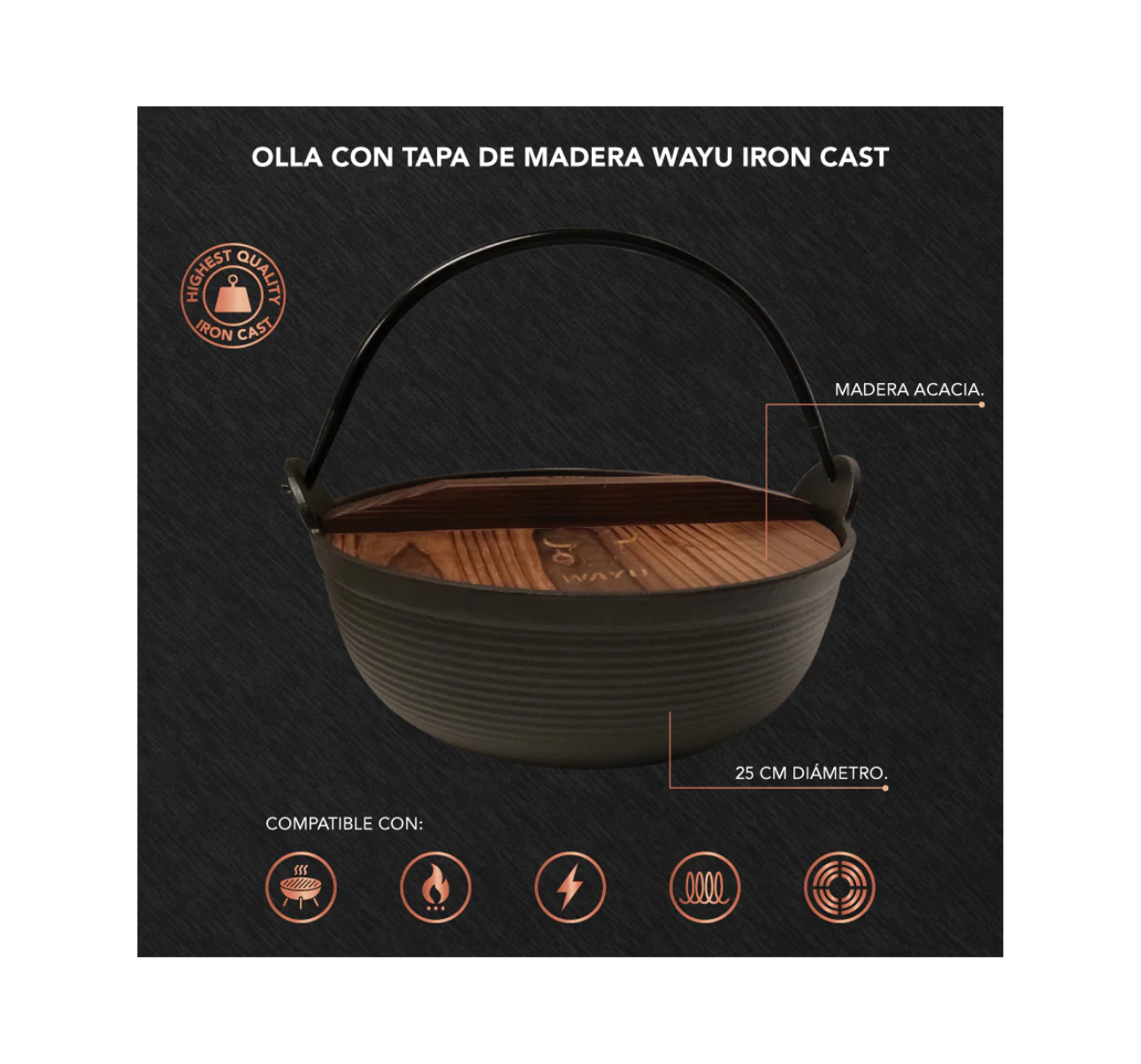 OLLA CON TAPA DE MADERA WAYU IRON CAST - Imagen 2