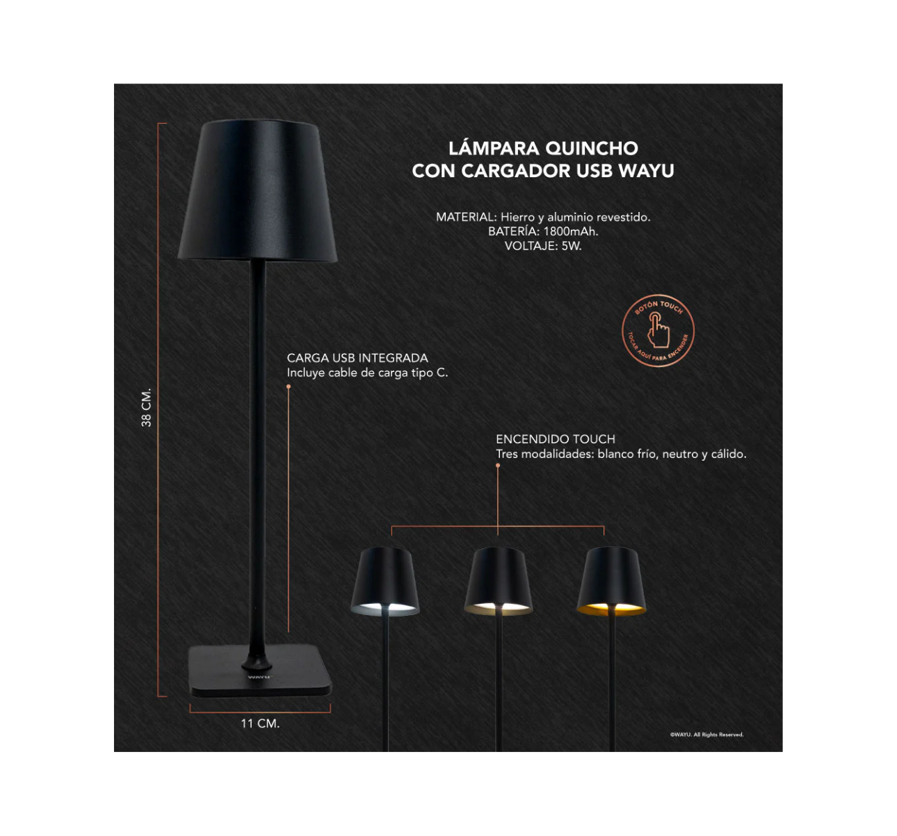 LAMPARA QUINCHO CON CARGADOR USB WAYU - Imagen 2